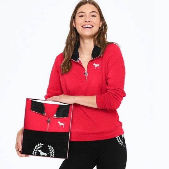PINK Victoria's Secret Tops - Victoria Secret PINK Red Sherpa 1/4 Zip Pullover